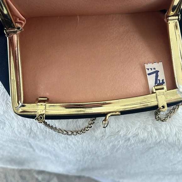 Vintage HL Harry Levine Navy evening bag Gold Chain Strap Peach interior - Picture 12 of 13